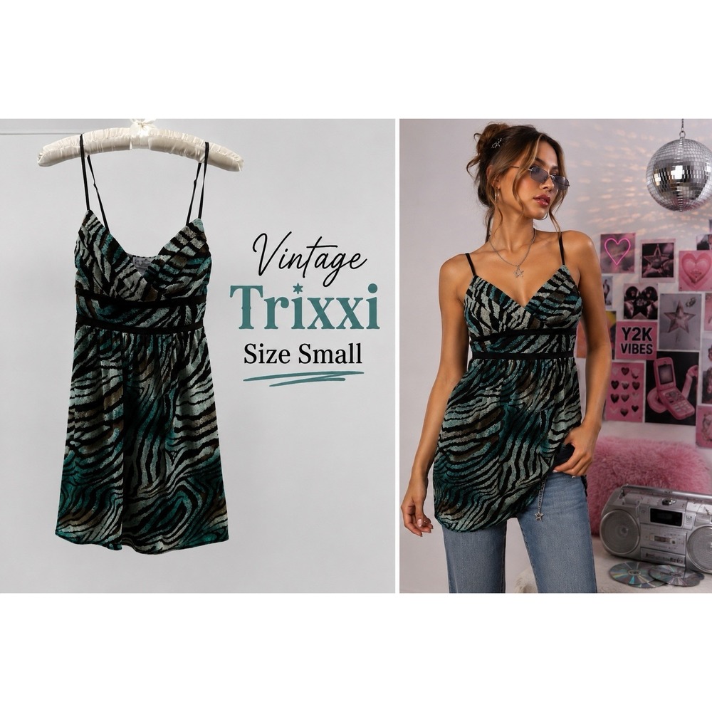 Trixxi Zebra Print Dress Small Teal Brown Animal Print Empire Waist Y2K Cami